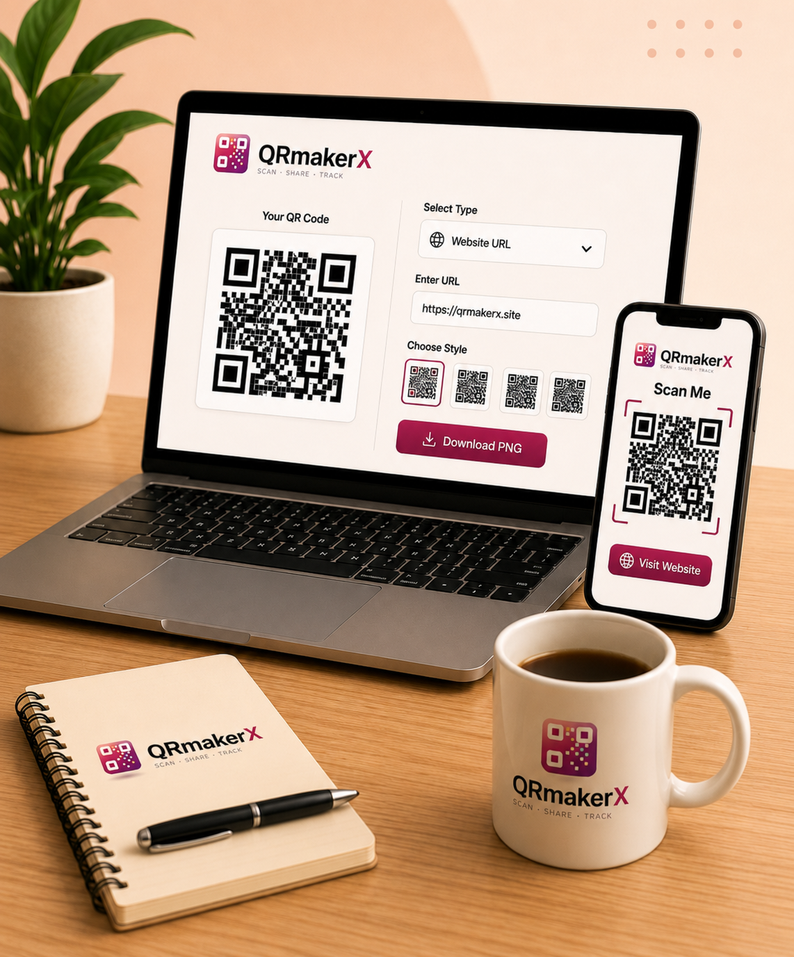 QRmakerX displayed on a laptop and smartphone in a modern workspace