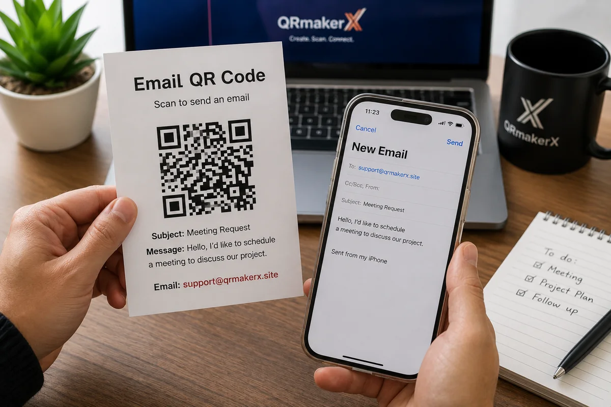 An email QR code card opening a prepared email draft on a smartphone