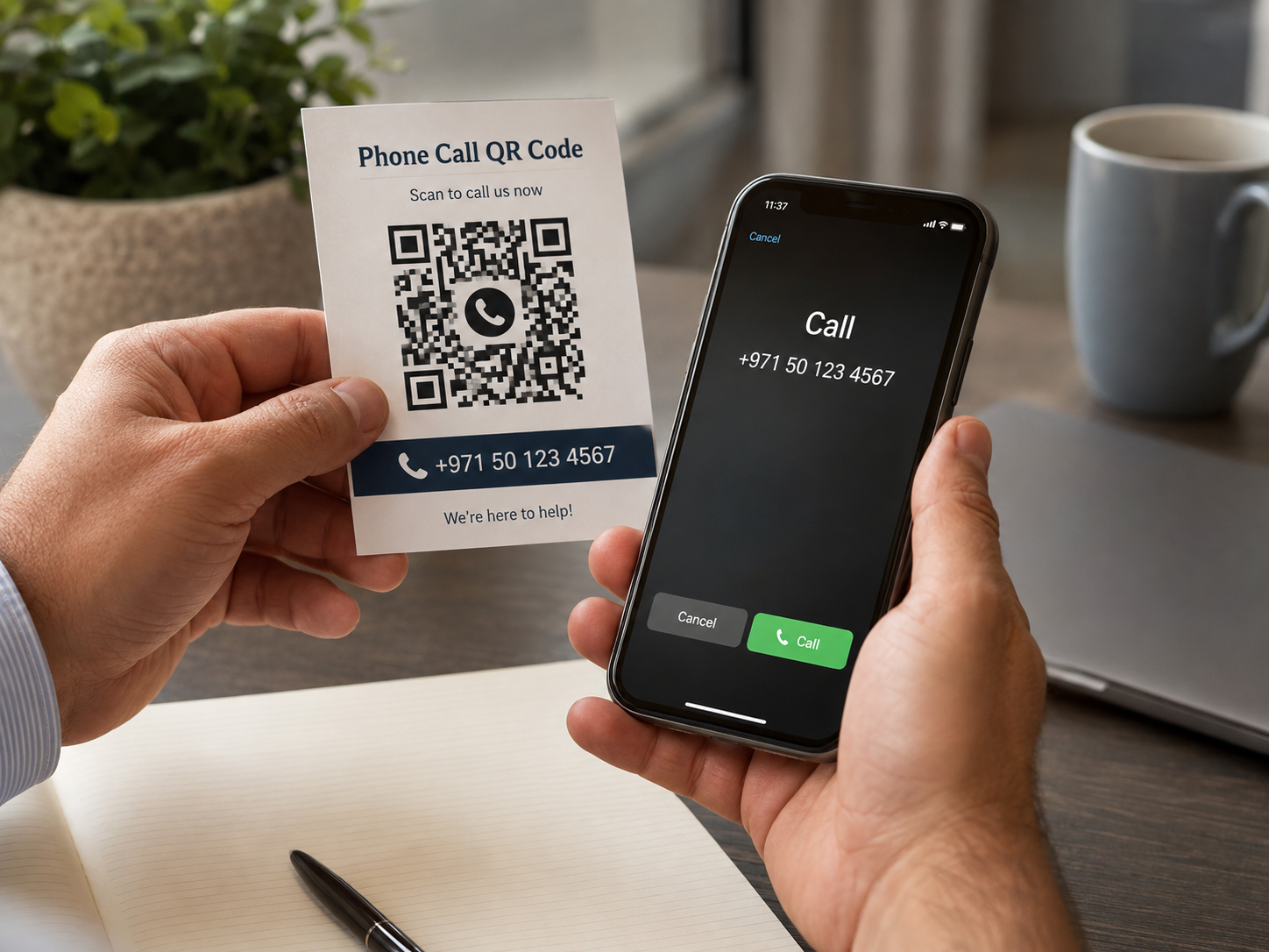 Phone call QR code card being scanned with a smartphone