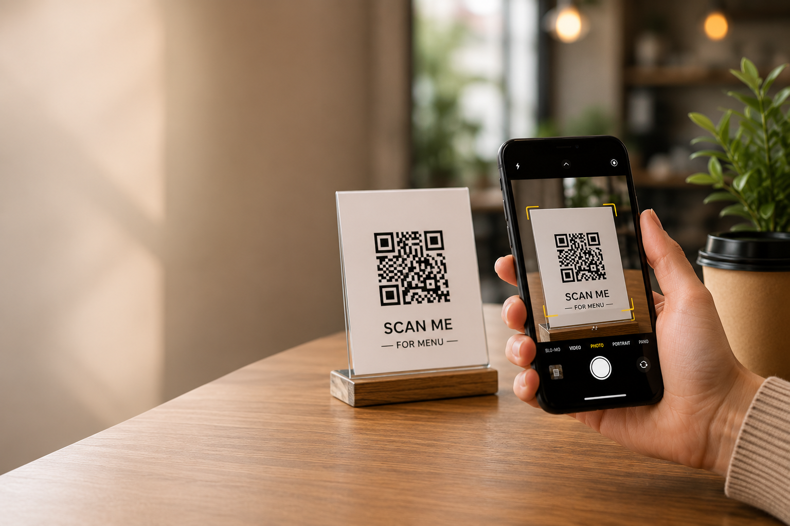 A smartphone scanning a QR code in a café