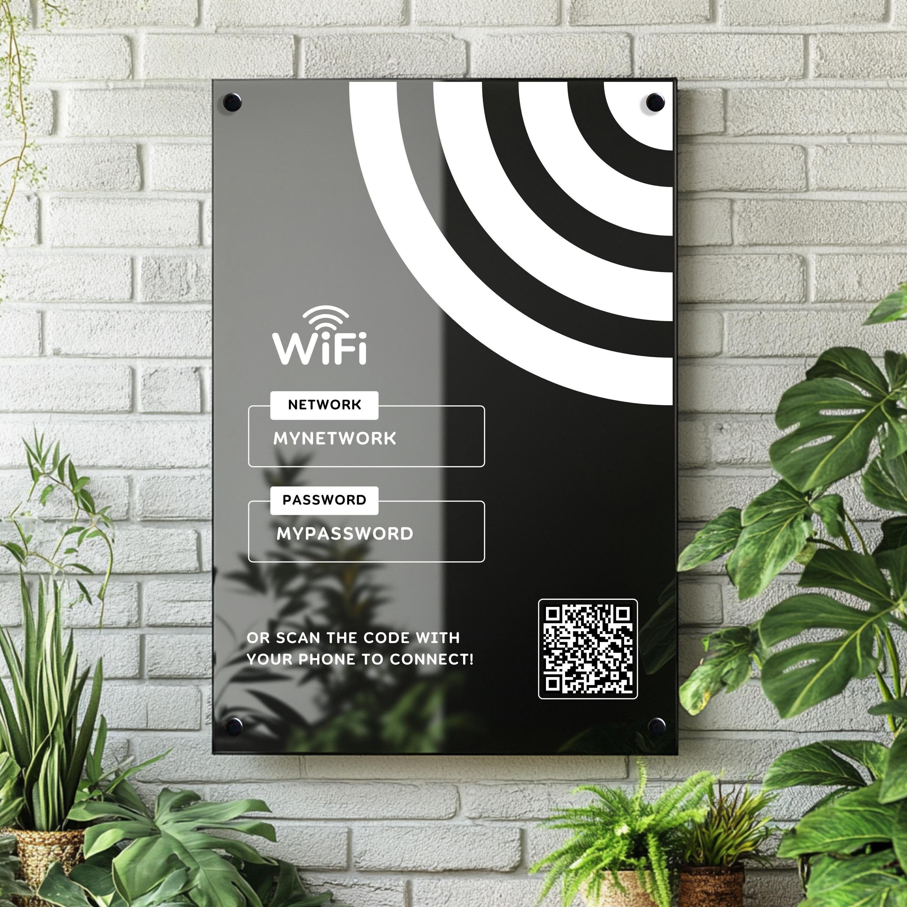 A modern wall-mounted WiFi sign showing a network name, password area and QR code